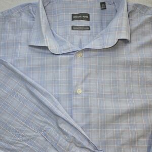 Michael Kors Tall Fit Dress Shirt Blue Plaid Performance Wicking Stretch 18...